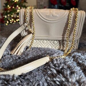 Tory Burch Beige Quilted Crossbody Bag with Gold Chain